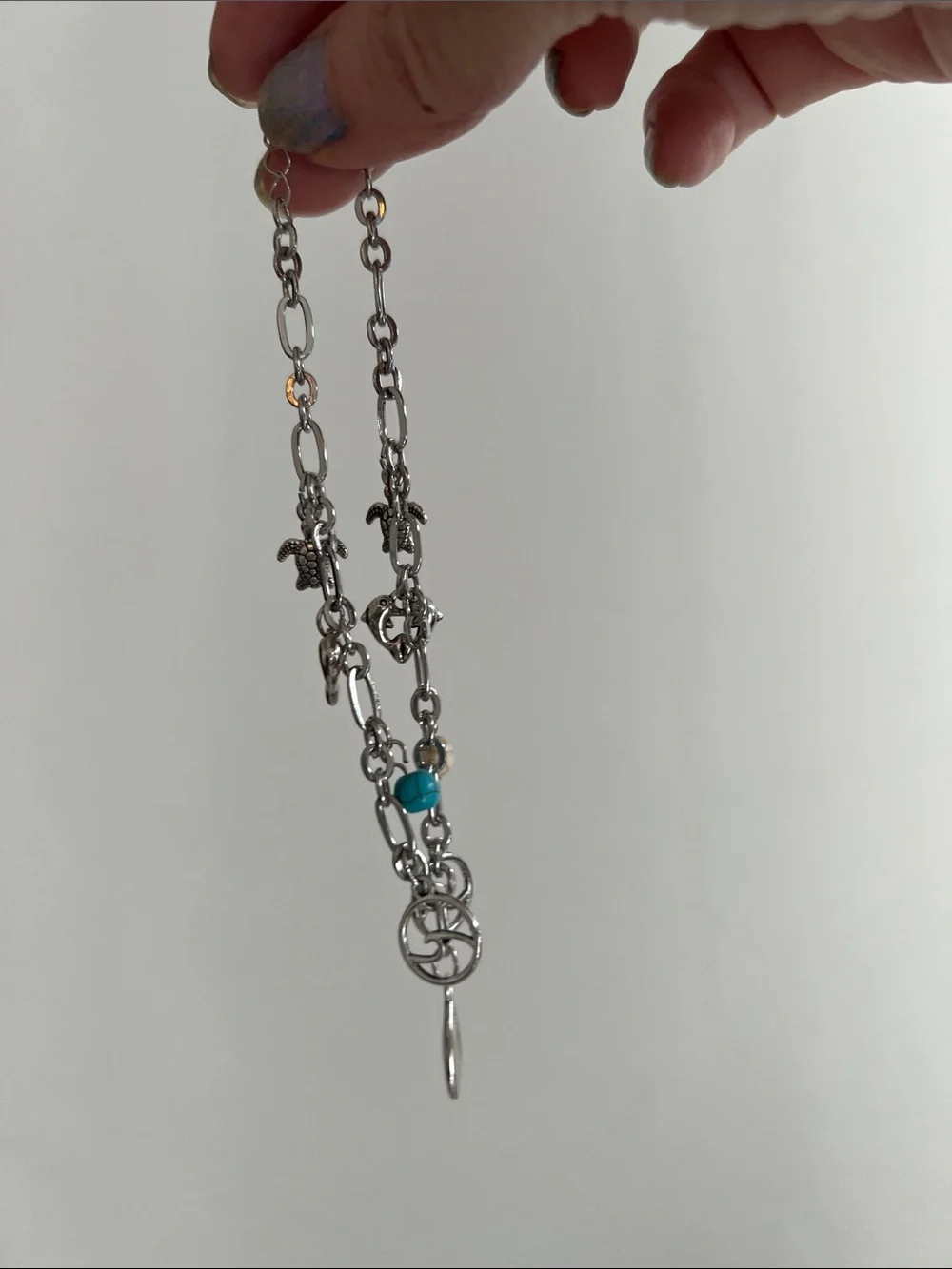 🌞 Sterling Silver Charm Bracelet w/Turquoise Accents Turtles Dolphins Whales OS